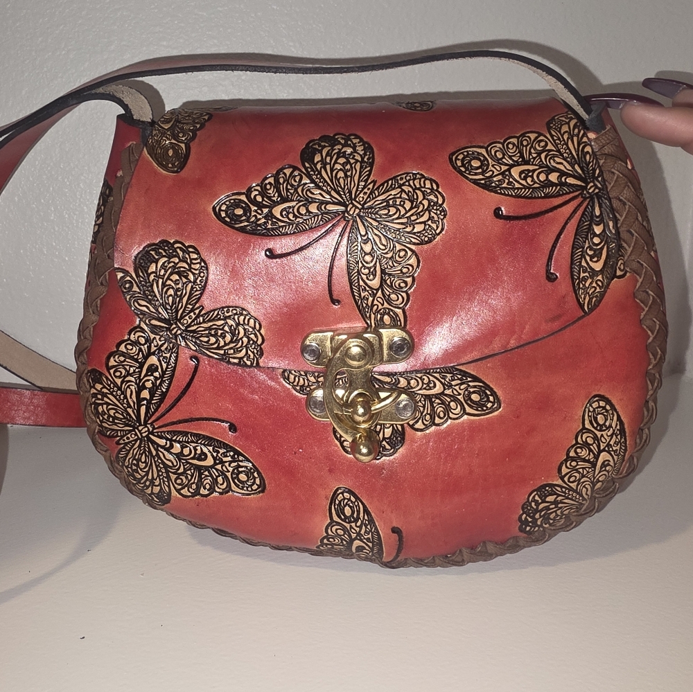 Handcrafted Red Butterfly Tooled Leather Crossbody Bag